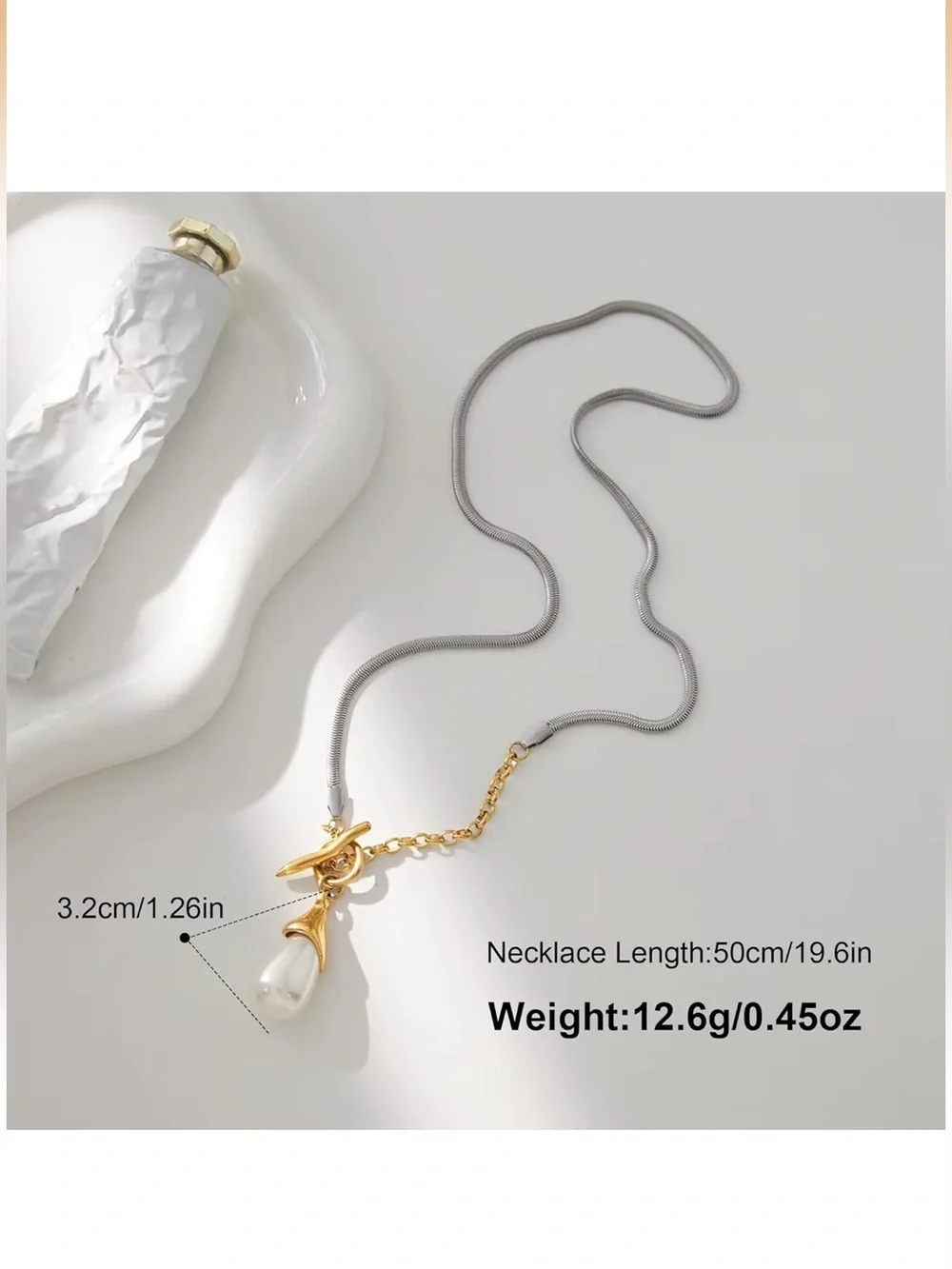 Anthropologie Two-Tone Gold Toggle Necklace with White Teardrop Pearl